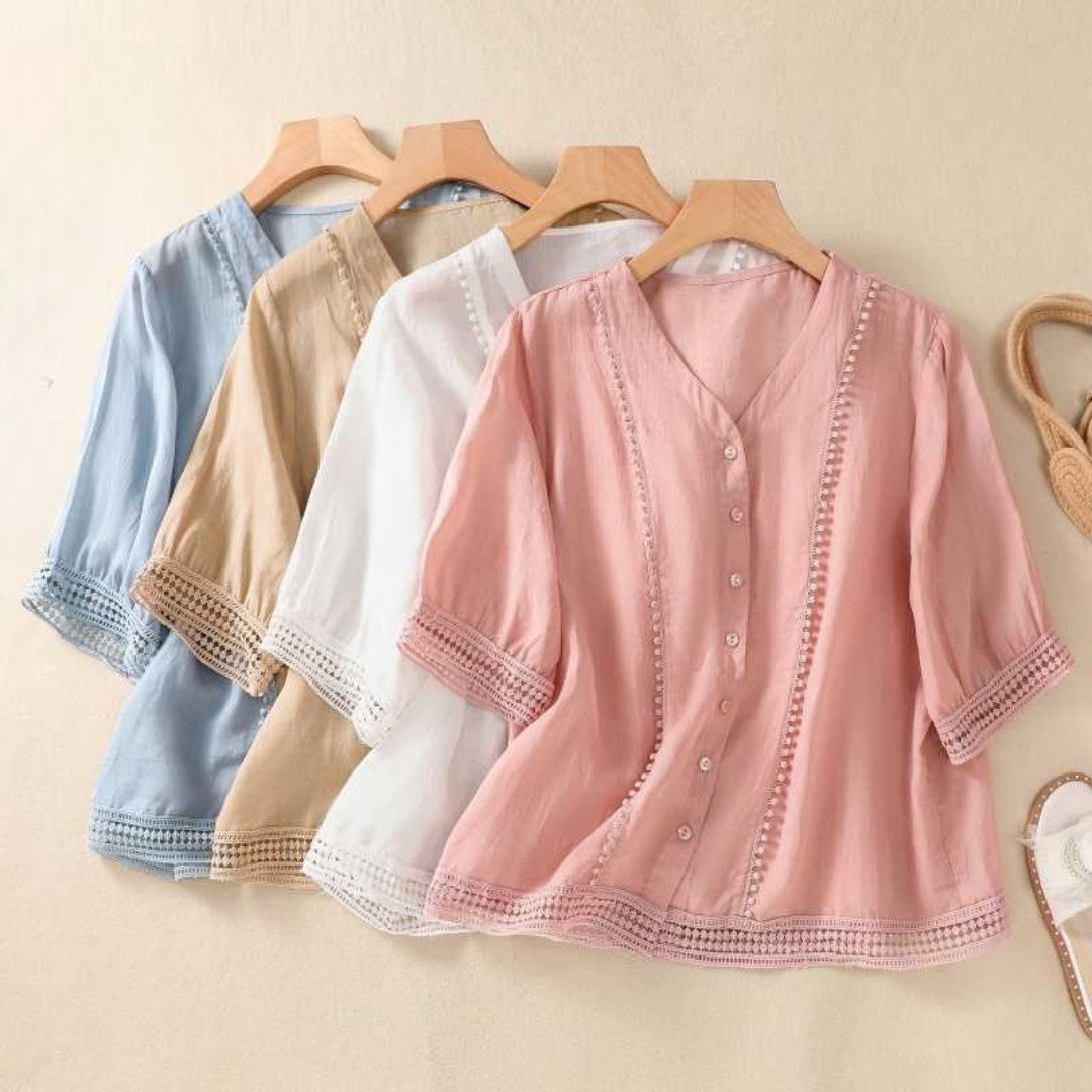 Blusa Mujer Escote en V Botones Detalles de Encaje