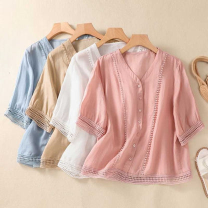 Blusa Mujer Escote en V Botones Detalles de Encaje