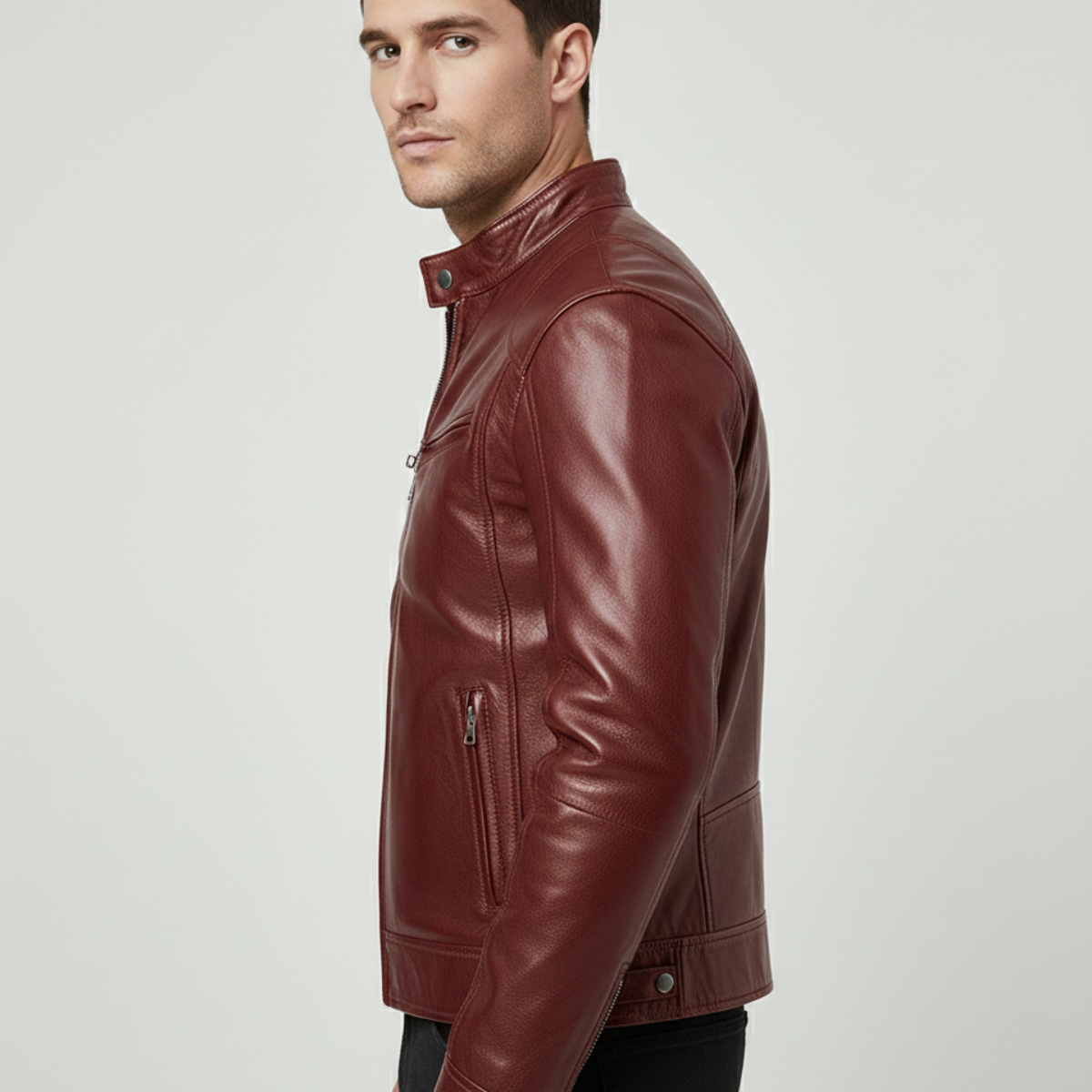 Chaqueta Hombre Cuero Sintético Cuello Alto Puños Ajustables