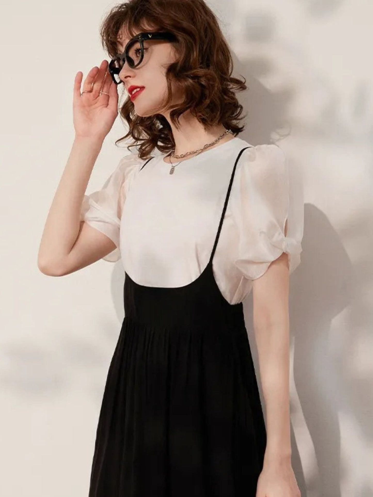 Conjunto Mujer de con Mangas Abullonadas y Falda Midi