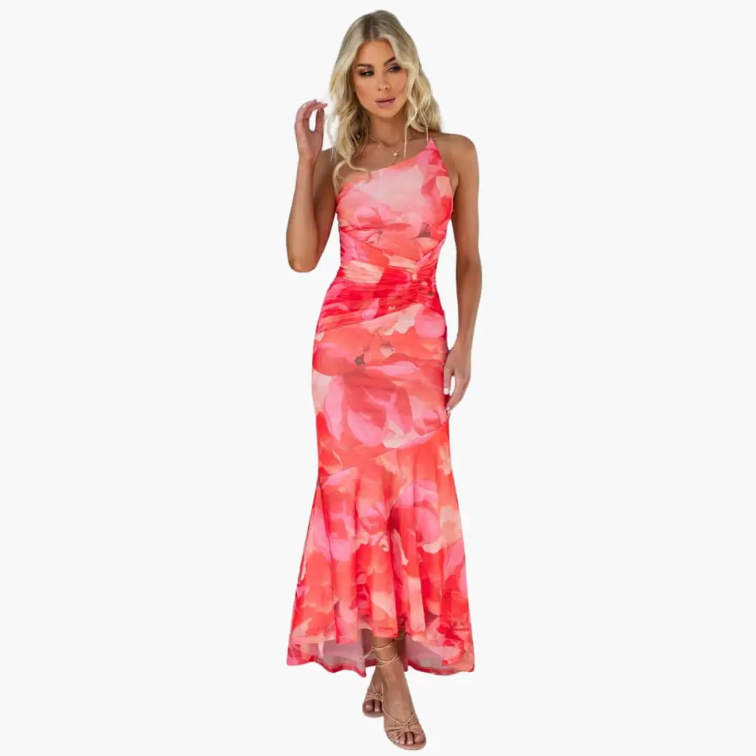 Vestido Mujer de Un Hombro Estampado Floral Elegante