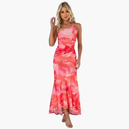 Vestido Mujer de Un Hombro Estampado Floral Elegante
