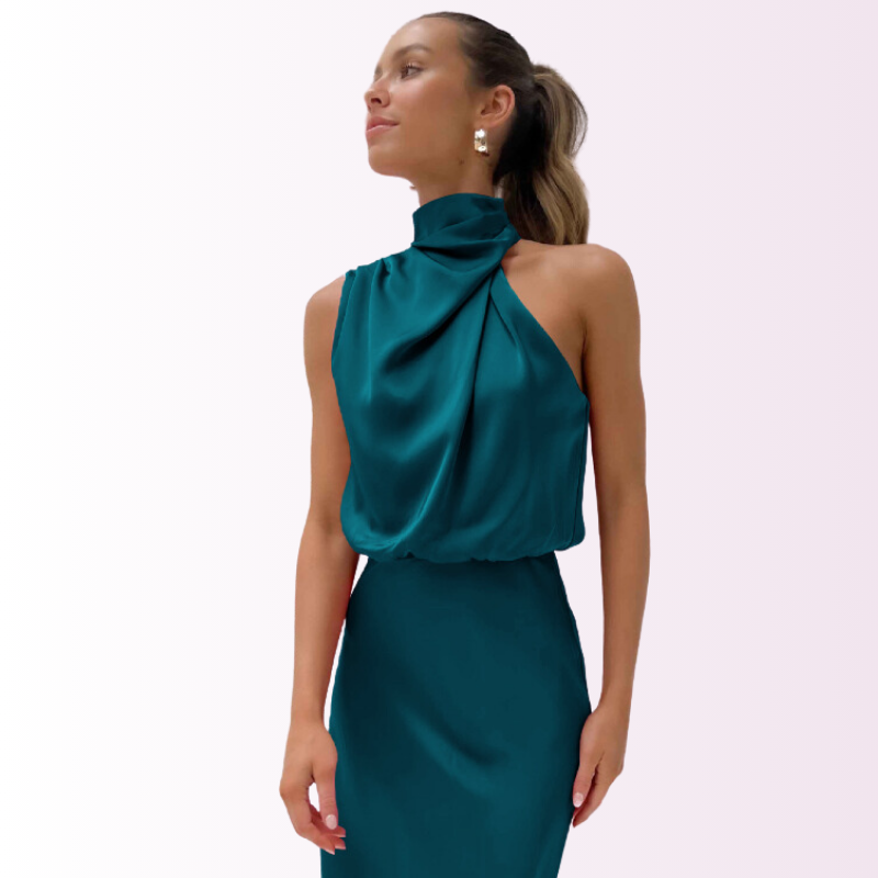 Vestido Noche Mujer con Hombros Descubiertos y Cuello Alto