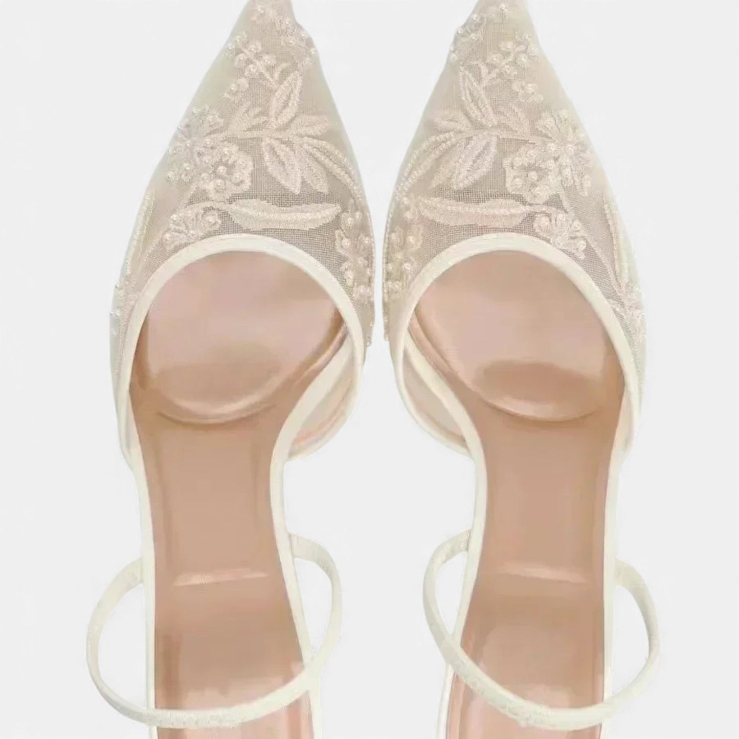 Zapatos Tacón Aguja Mujer Malla Bordada Punta Fina Correa