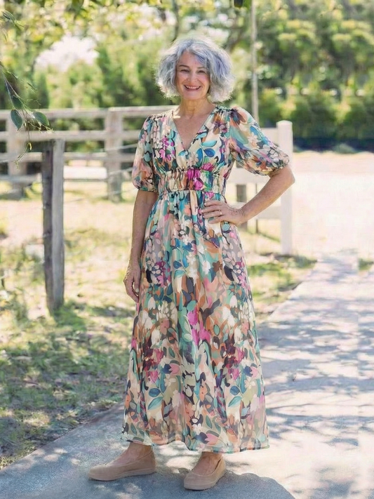 Vestido midi mujer con cuello en V fruncido y estampado floral - Mavetta