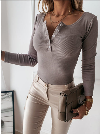 Camiseta Mujer Manga Larga Botones Estilo Casual