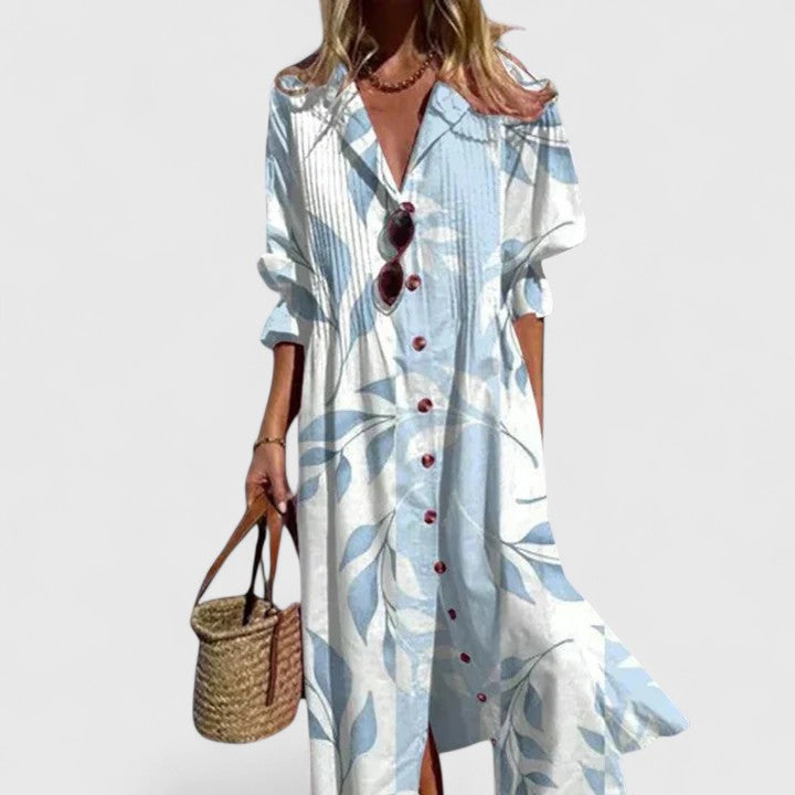 Vestido mujer bohemio estampado escote en V botones falda midi fluida