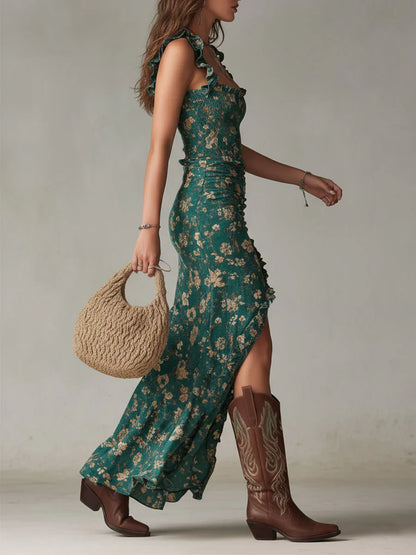 Vestido Mujer Boho Volantes Abertura Estilo Retro