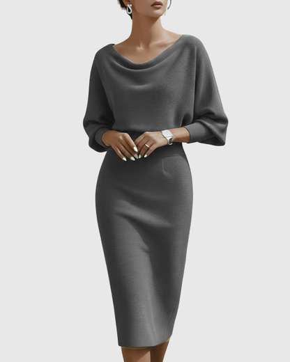 Vestido midi mujer Drapeado Manga Murciélago Escote Elegante