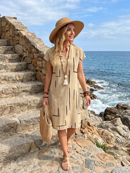 Vestido midi mujer algodón lino escote en V casual verano