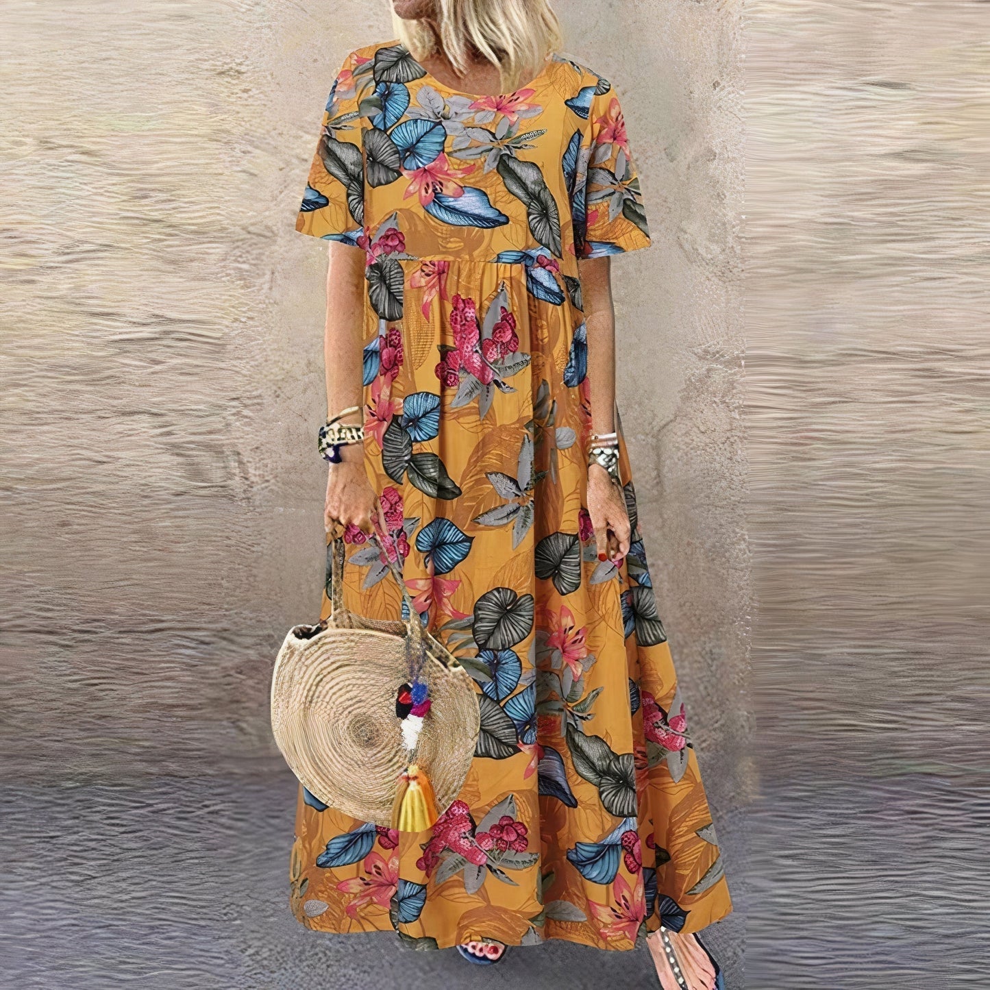 Vestido Largo Mujer Cuello Redondo Estampado Floral