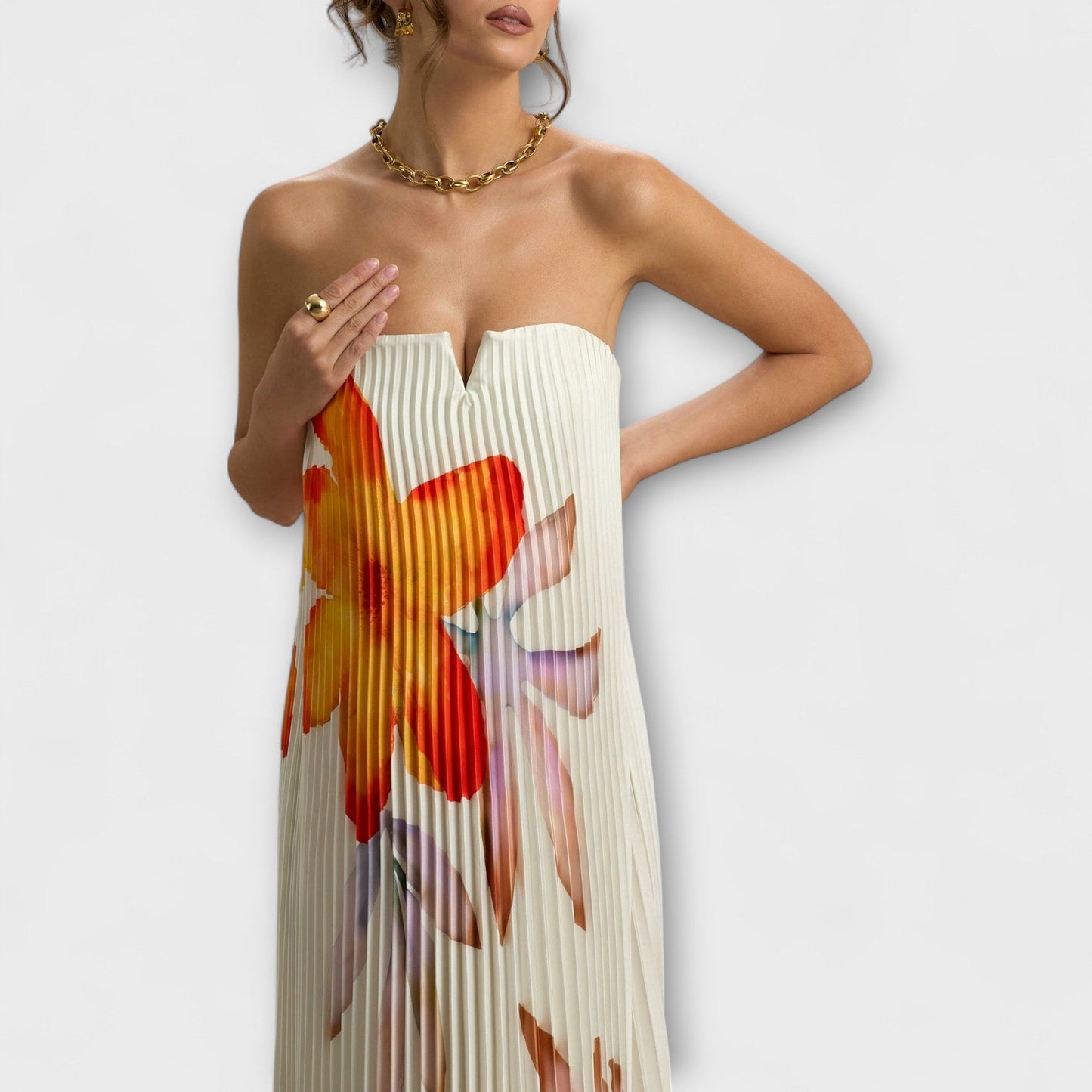 Vestido Largo Mujer Plisado Palabra de Honor con Corsé