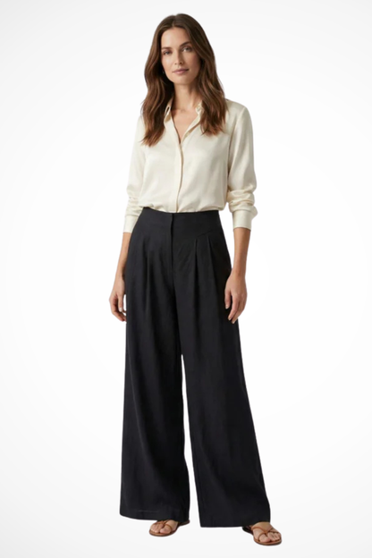 Pantalones Mujer Pata Ancha Pliegues Frontales Cintura Alta