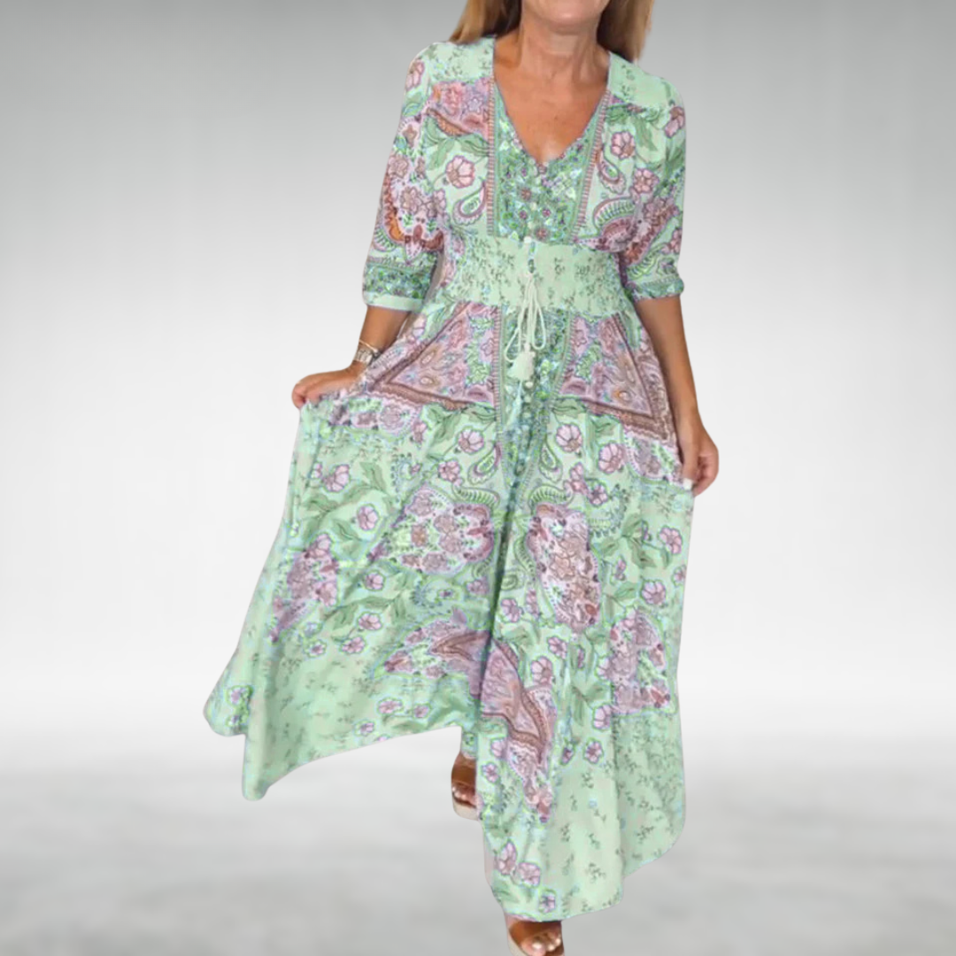 Vestido Maxi Mujer Estilo Bohemio Cuello en V Cintura Elástica