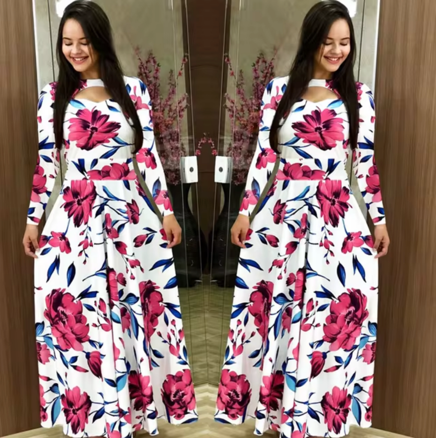 Vestido maxi mujer de manga larga con estampado floral