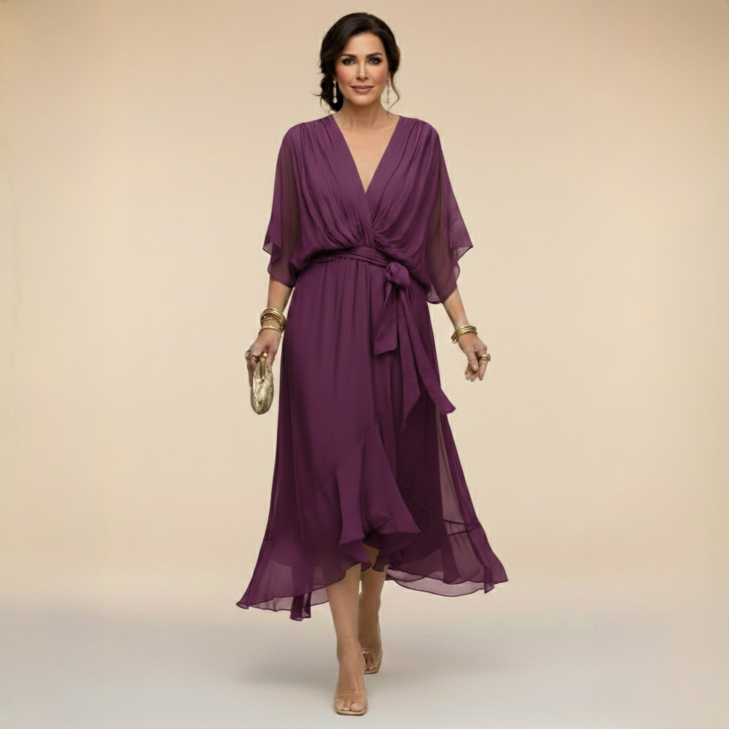 Vestido Midi Mujer Fluido Escote en V Cintura Ajustable