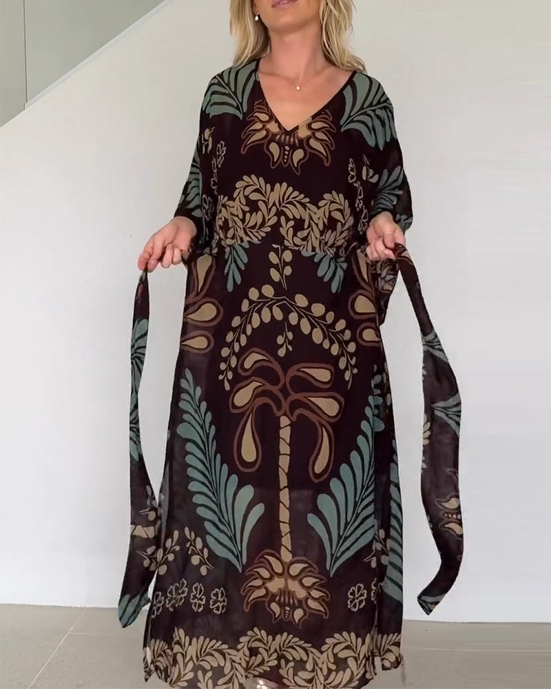Vestido maxi mujer fluido estampado hojas estilo bohemio