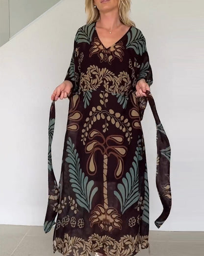 Vestido maxi mujer fluido estampado hojas estilo bohemio