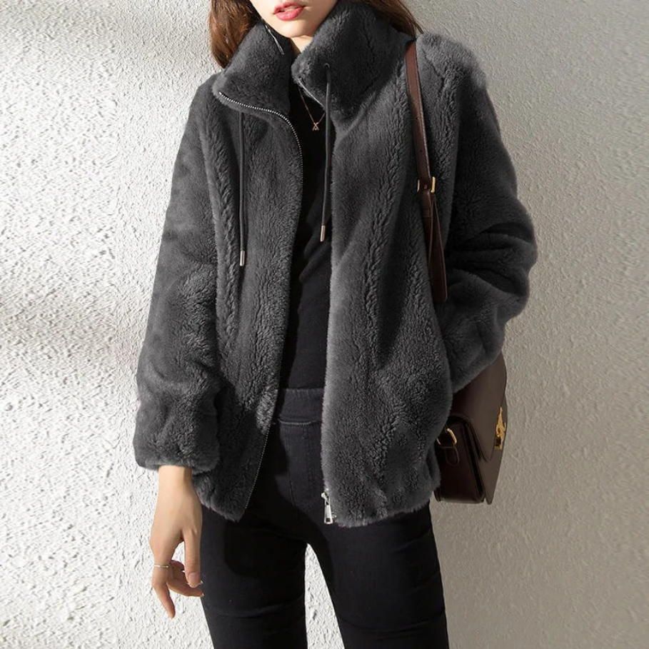 Chaqueta Mujer Teddy Cuello Alto Cremallera Moderna