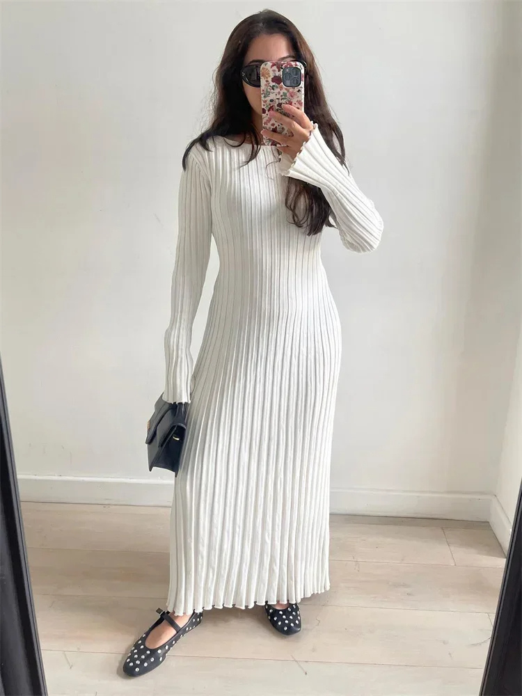 Vestido largo mujer de plumeti tejido elástico ajustado plisado