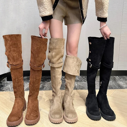 Botas Altas Mujer de Terciopelo con Botones Decorativos