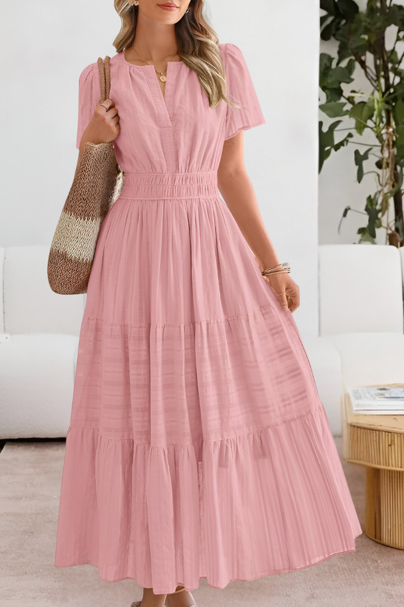 Vestido maxi mujer con cintura fruncida y mangas cortas