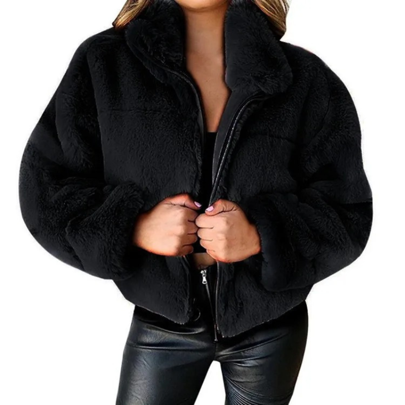 Chaqueta corta mujer teddy con cremallera y cuello alto
