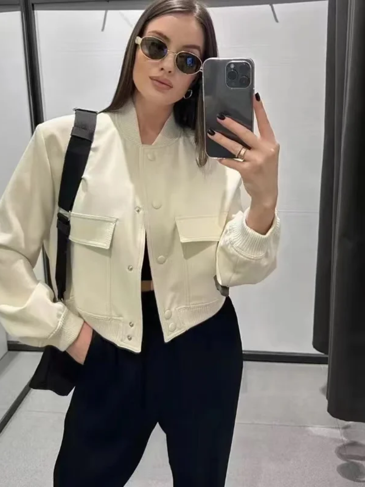 Chaqueta bomber Mujer corta con botones y bolsillos funcionales