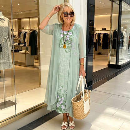 Conjunto Mujer Vestido Midi y Kimono Voile Floral Veraniego