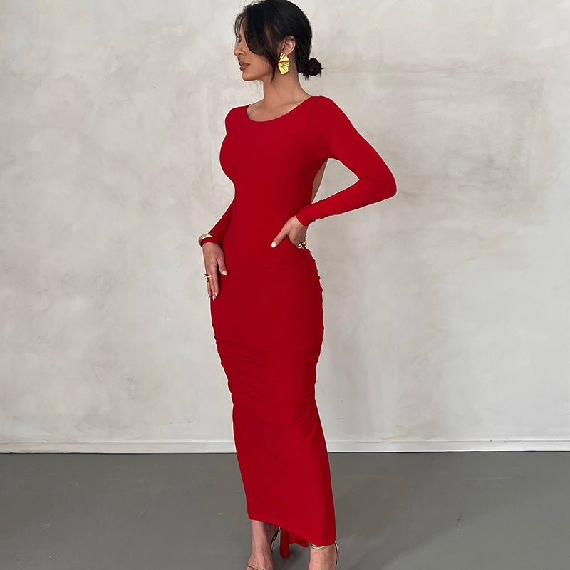 Vestido Mujer Invitada Boda Manga Larga Escote Espalda
