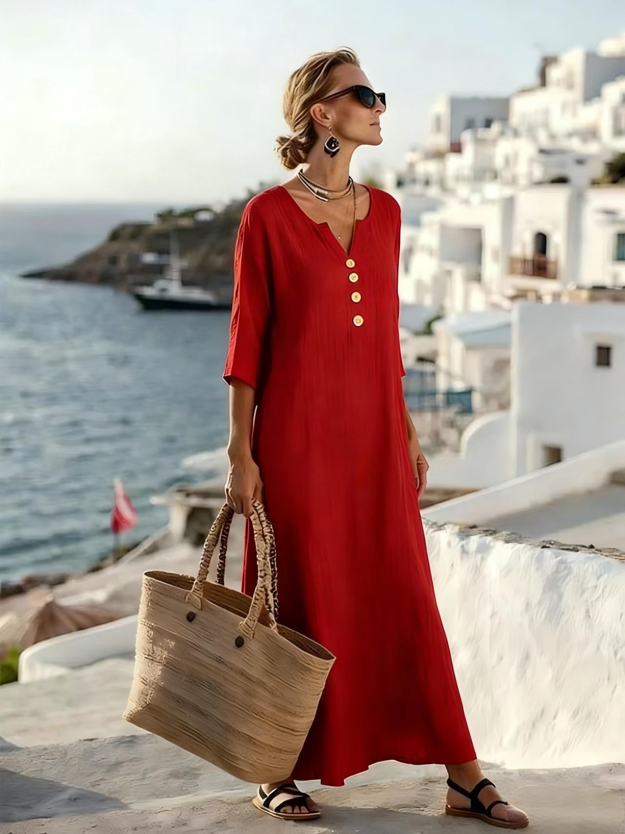 Vestido Mujer Algodón Lino Corte Fluido Manga Botones