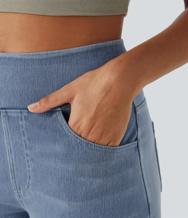 Pantalones mujer denim elástico talle alto pierna ancha moldeadores