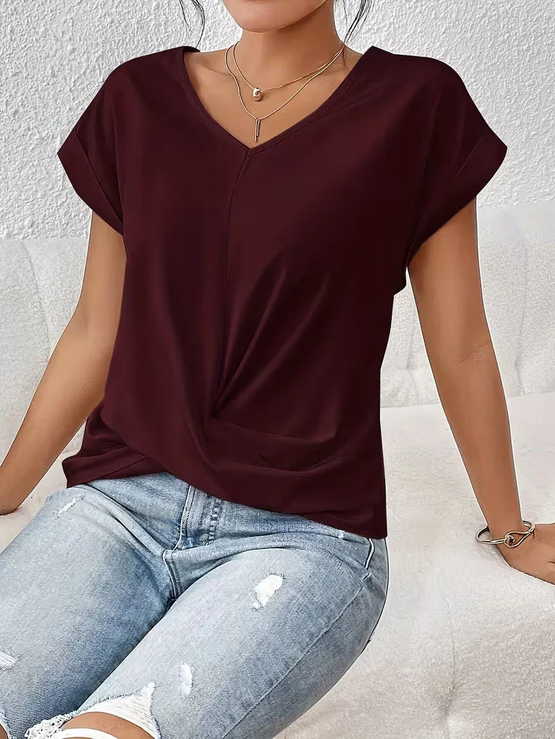 Mujer Cuello en V Fruncido Manga Corta