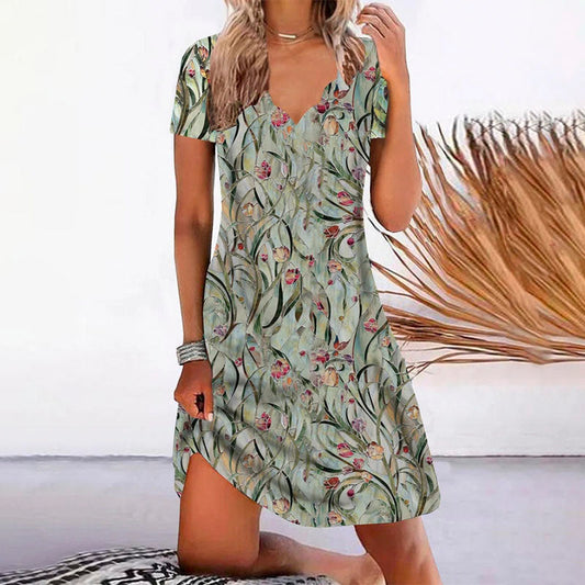 Vestido corto mujer Verano Manga corta Estampado hojas - Mavetta