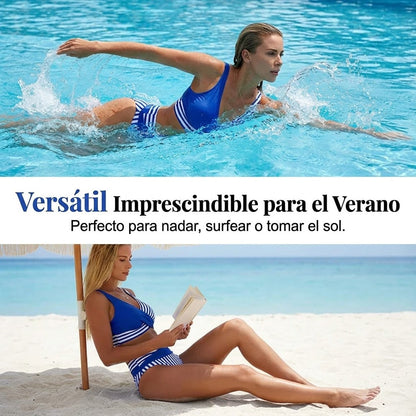Bikini Mujer de Dos Piezas con Bloques y Rayas