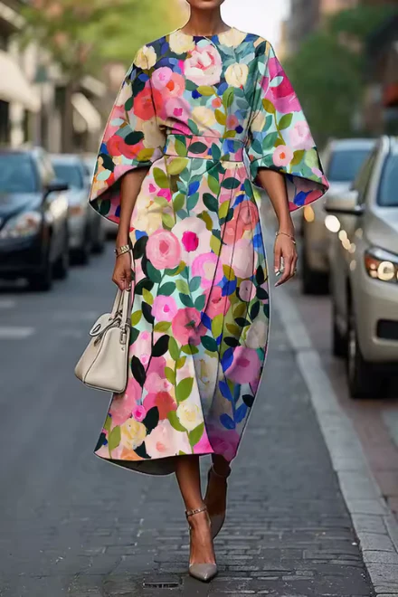 Vestido Midi Mujer Manga Murciélago Cintura Alta