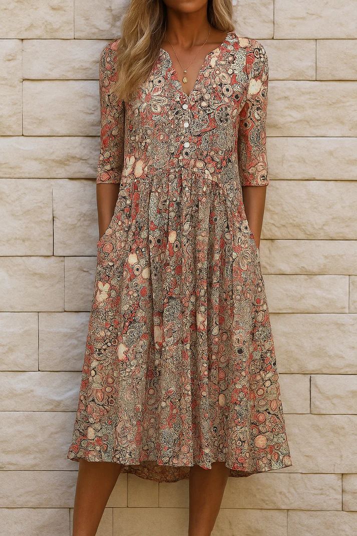 Vestido Midi Mujer Escote en V Bolsillos Suelto