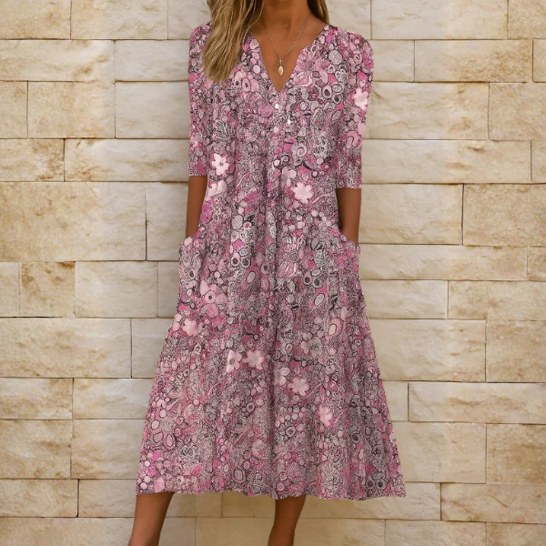 Vestido Midi Mujer Escote en V Bolsillos Suelto
