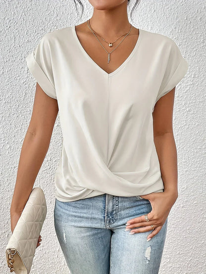 Mujer Cuello en V Fruncido Manga Corta