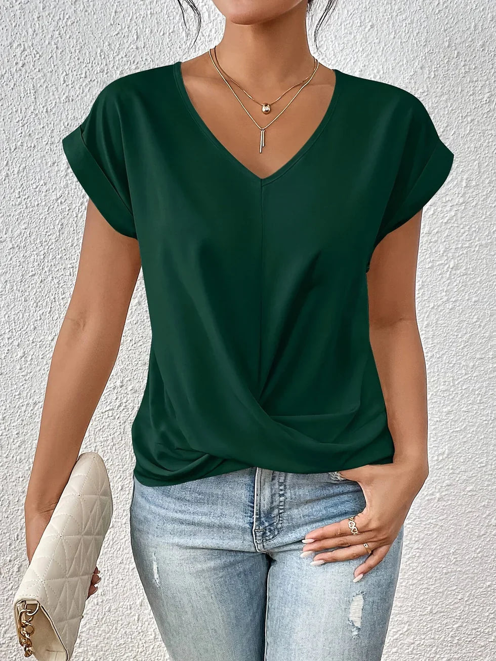 Mujer Cuello en V Fruncido Manga Corta