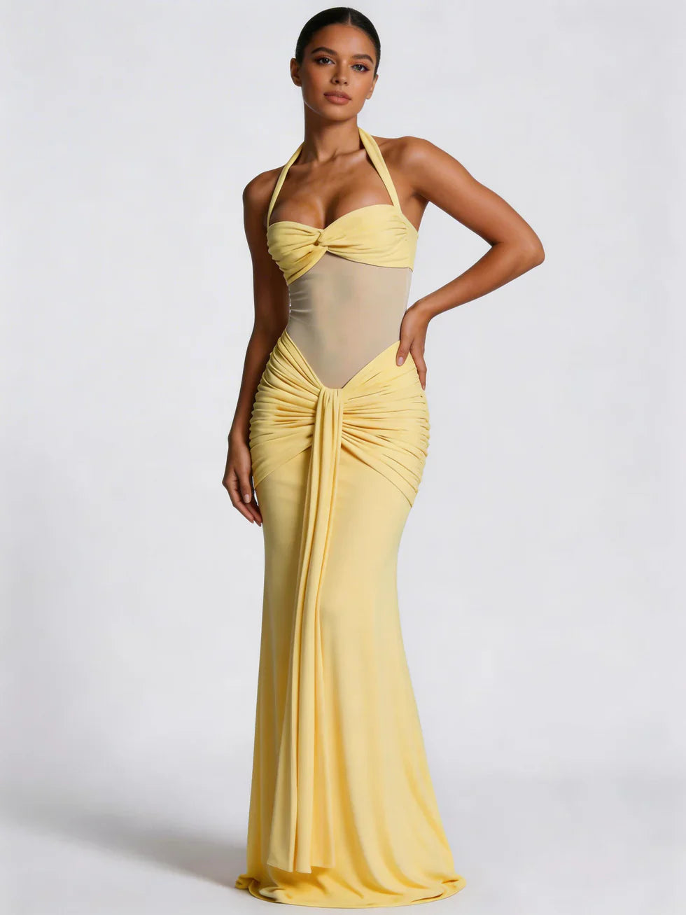 Vestido maxi mujer halter fruncido espalda descubierta