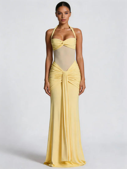 Vestido maxi mujer halter fruncido espalda descubierta