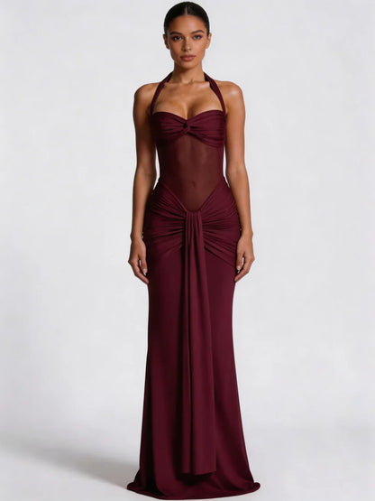 Vestido maxi mujer halter fruncido espalda descubierta