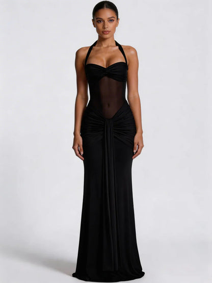 Vestido maxi mujer halter fruncido espalda descubierta