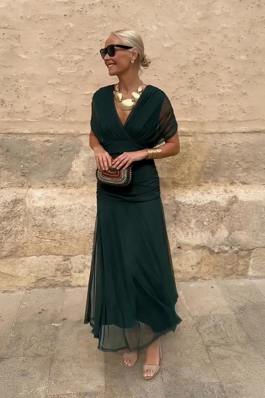 Vestido Largo Mujer Escote en V Mangas Transparentes - Mavetta