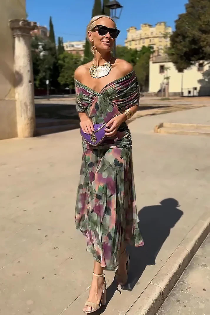 Vestido Largo Mujer Escote en V Mangas Transparentes