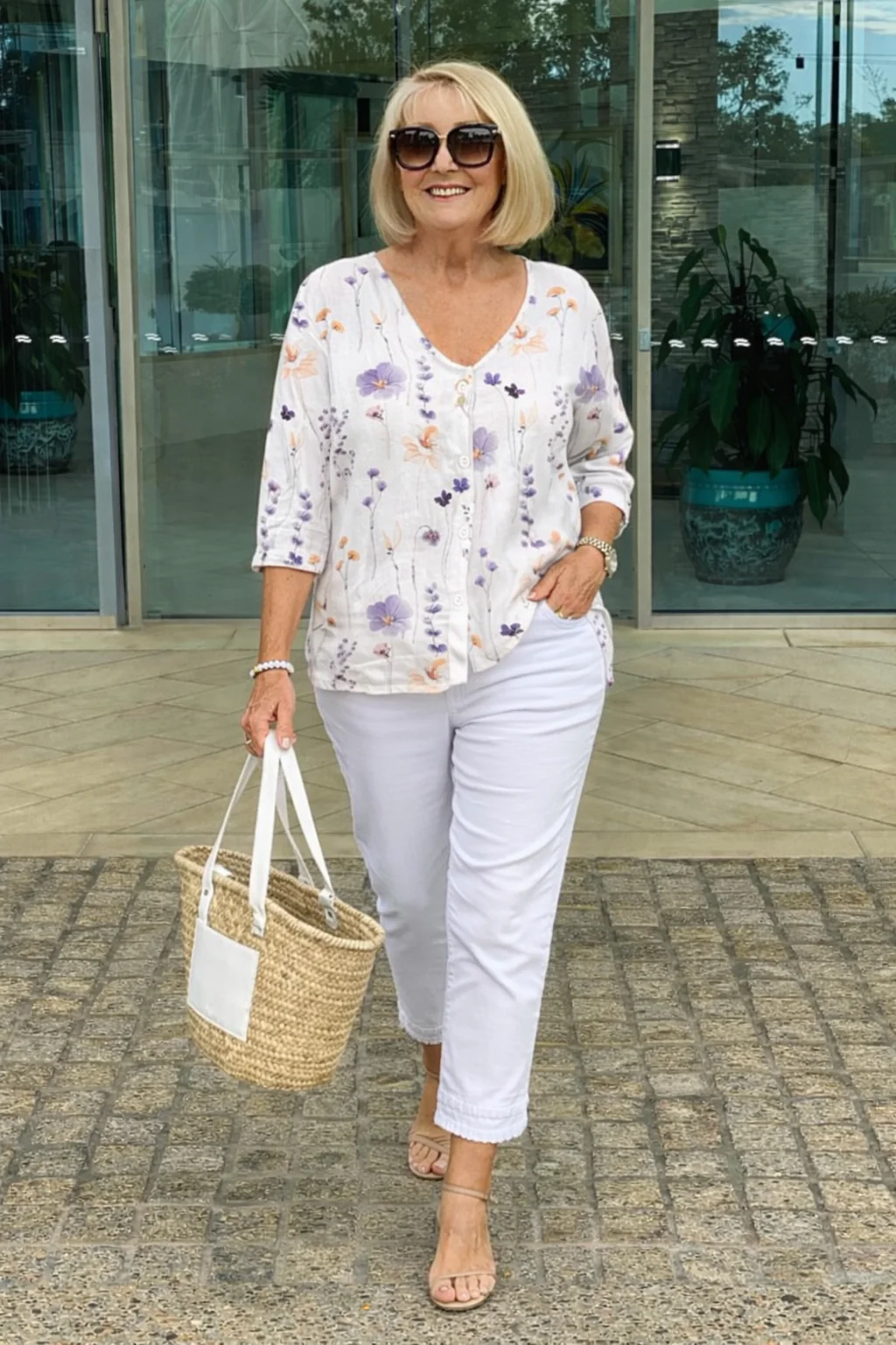 Blusa mujer con botones cuello en V estampada