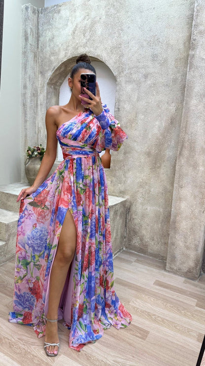 Vestido maxi mujer con estampado floral y abertura lateral - Mavetta