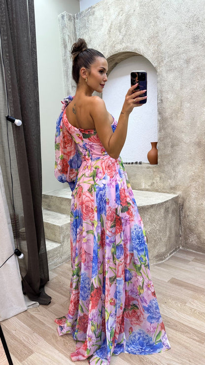 Vestido maxi mujer de verano con hombro descubierto y estampado