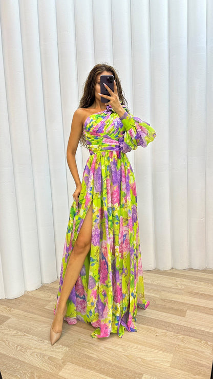 Vestido maxi mujer de verano con hombro descubierto y estampado